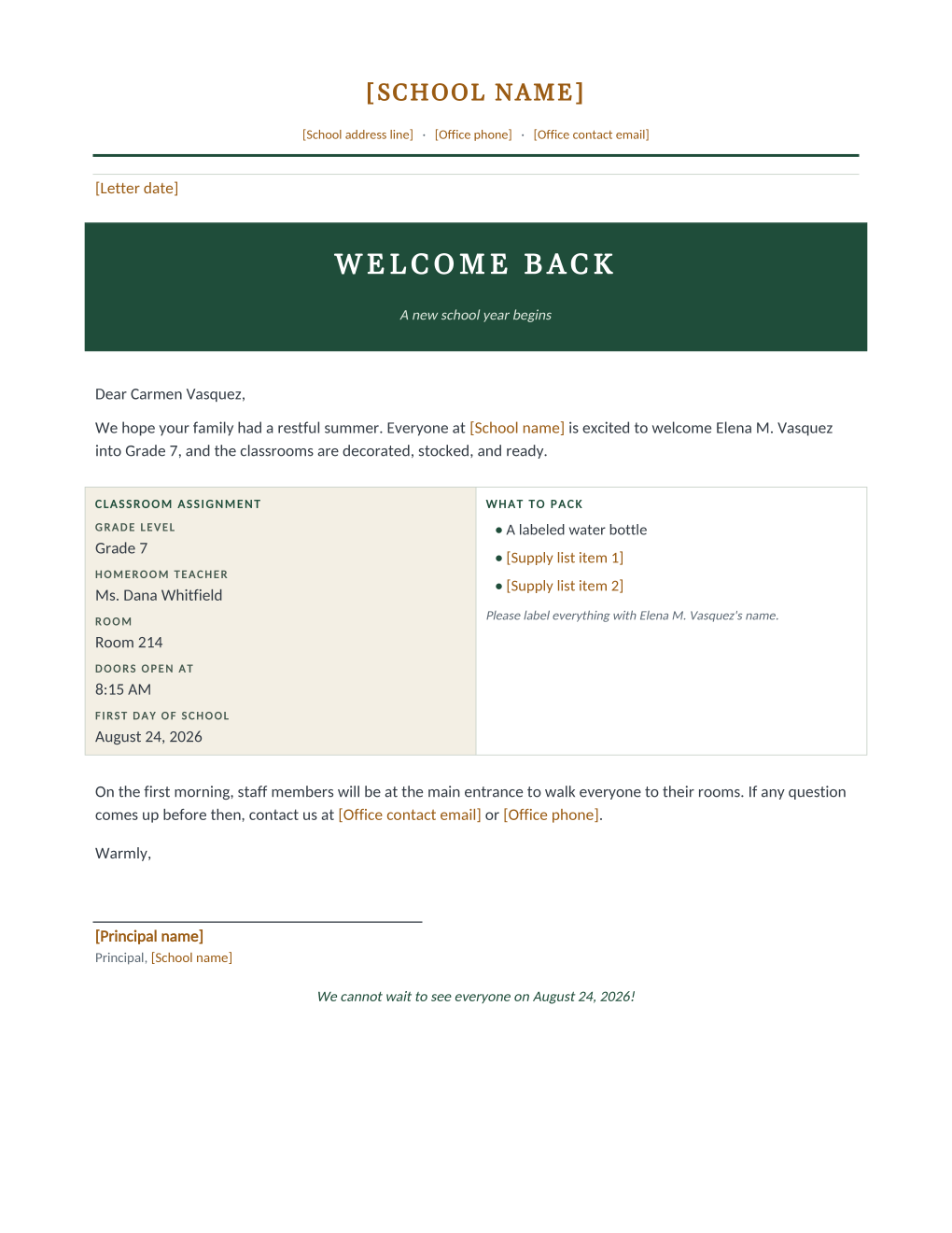 Rendered welcome back letter: a dark green welcome banner, a two-column panel pairing the classroom assignment with a what-to-pack list, and a first-morning note above the principal signature