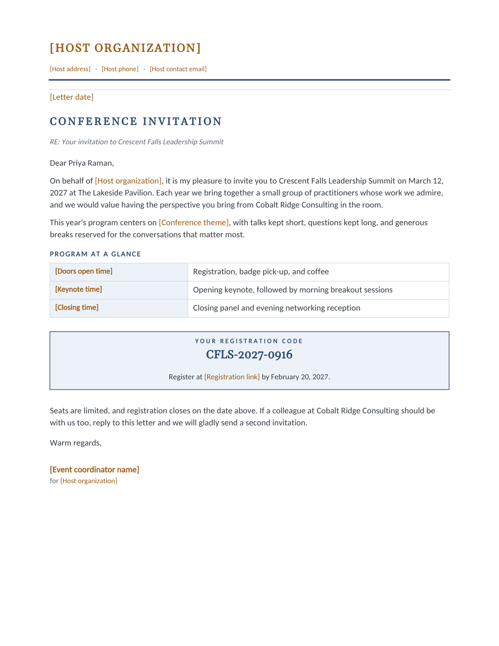 Rendered conference invitation letter: letterhead with amber static tokens, an invitation paragraph naming the recipient and their company, a program-at-a-glance table with three time rows, and a boxed personal registration code