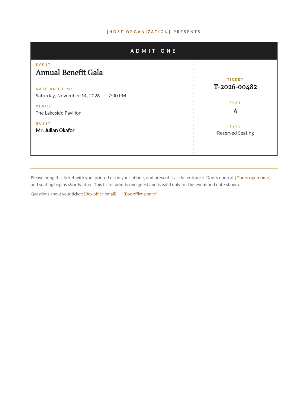 Rendered event ticket: a dark ADMIT ONE header band, event, date and time, venue, and guest rows on the ticket face, and a dashed stub carrying the ticket number, seat, and type