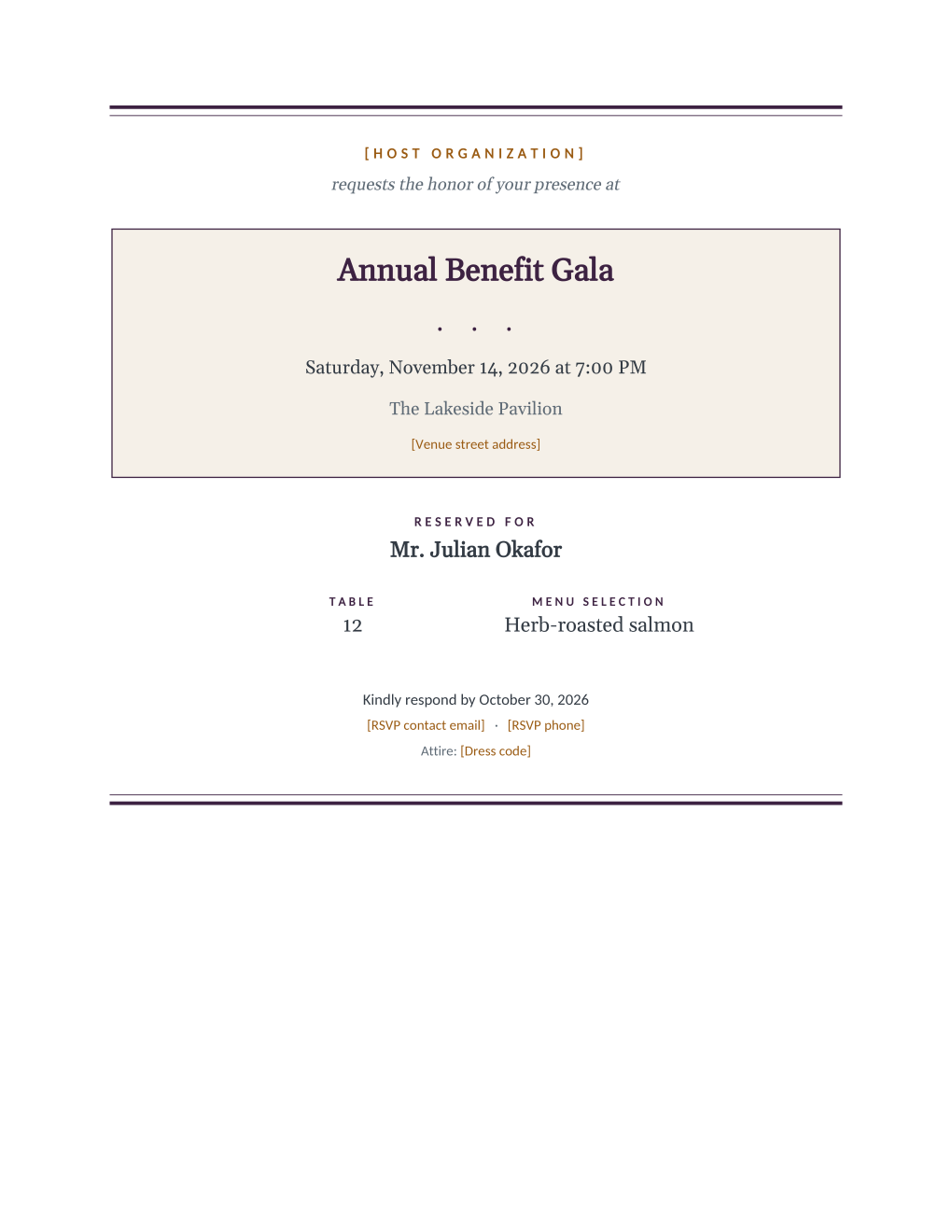 Rendered gala invitation: navy double rules, a cream panel carrying the event name, date, and venue, a reserved-for line naming the guest, table number and menu selection columns, and RSVP details at the base