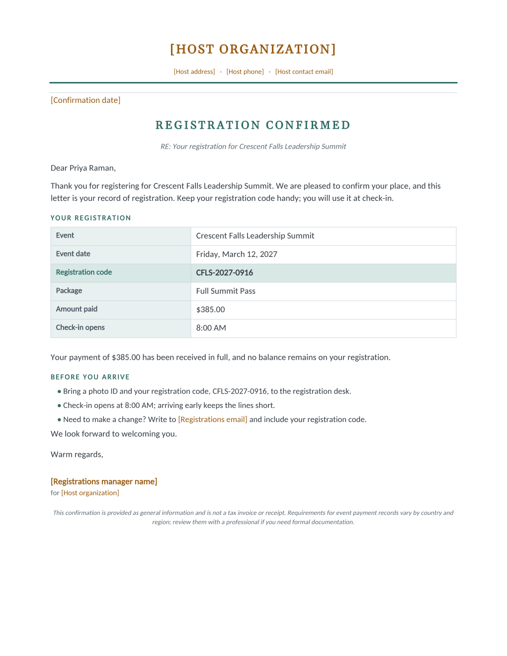 Rendered registration confirmation letter: letterhead, a REGISTRATION CONFIRMED heading, a summary table with the registration code row highlighted, before-you-arrive bullets, and an italic payment-record note at the base