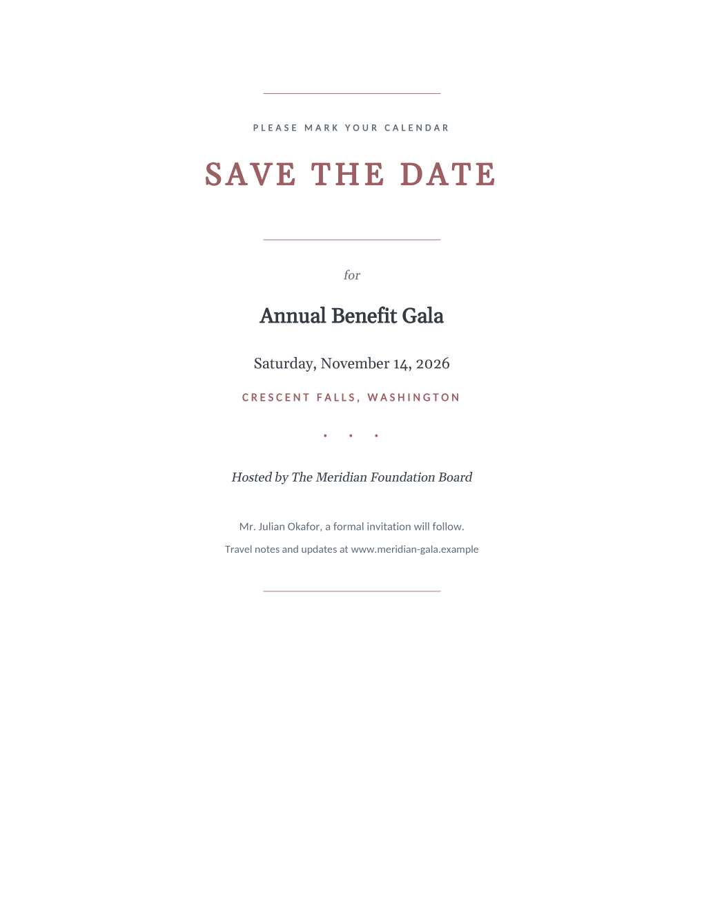 Rendered save the date card: thin rules, SAVE THE DATE in wide-tracked deep red capitals, the event name in serif type, the date, the city in small caps, an italic hosted-by line, and a named guest line promising a formal invitation