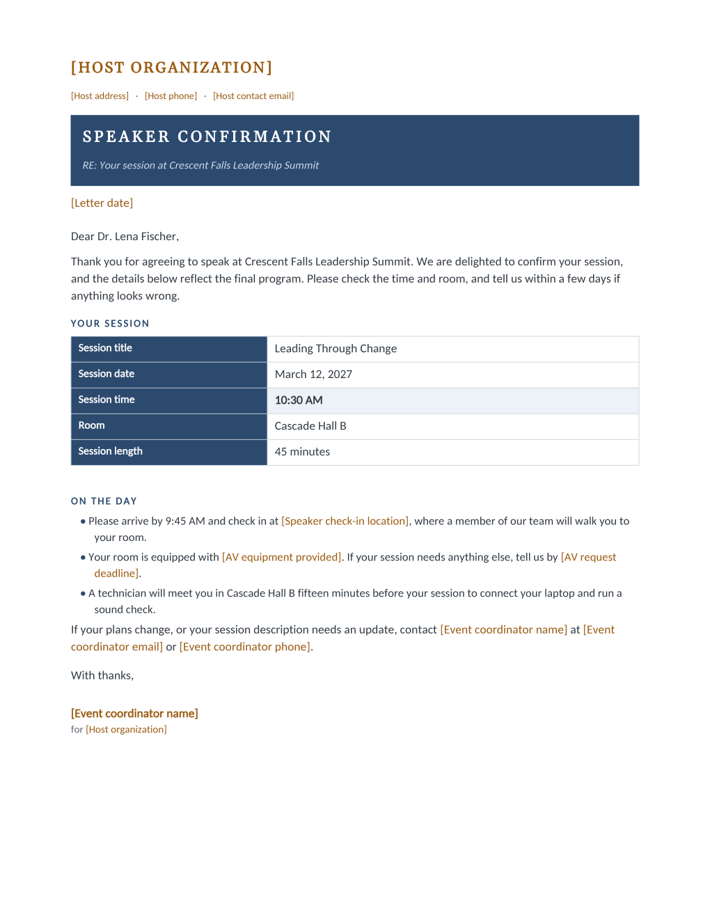 Rendered speaker confirmation letter: letterhead, a navy SPEAKER CONFIRMATION banner with an RE line, a session details table with a navy label column, on-the-day bullets, and coordinator contact lines