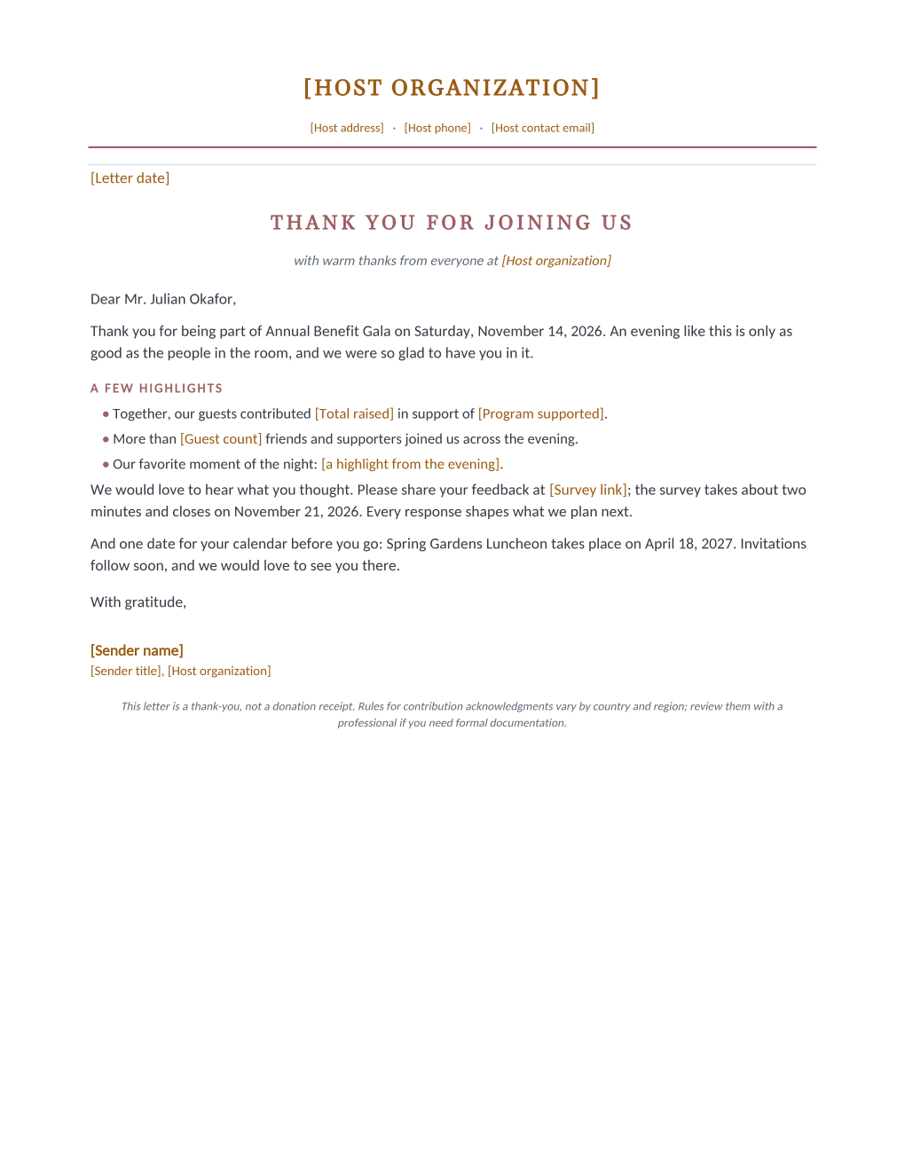 Rendered thank-you letter: letterhead, a THANK YOU FOR JOINING US heading with an italic subline, a highlights bullet list with amber static tokens for the totals, a survey paragraph, and a gratitude signature block