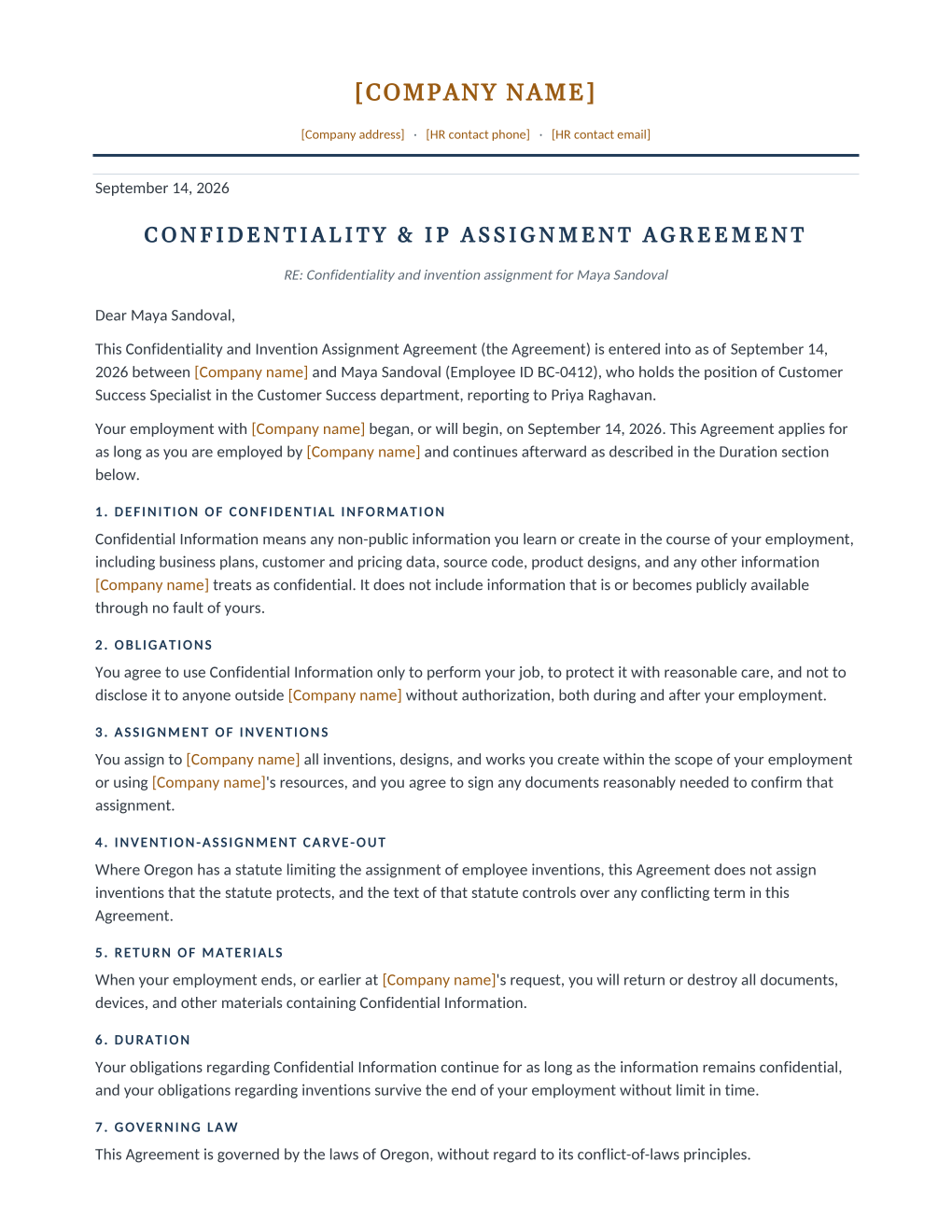 Rendered confidentiality and IP assignment agreement: letterhead, agreement title, and numbered clauses including the invention-assignment carve-out
