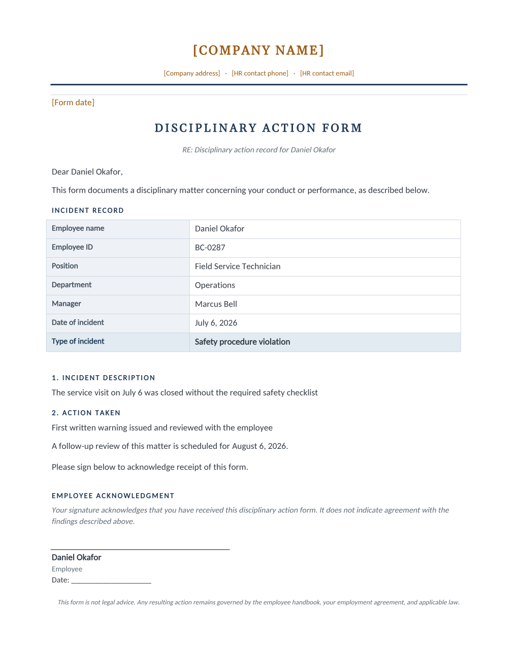 Rendered disciplinary action form: letterhead, form title, and an incident record table with incident type and date