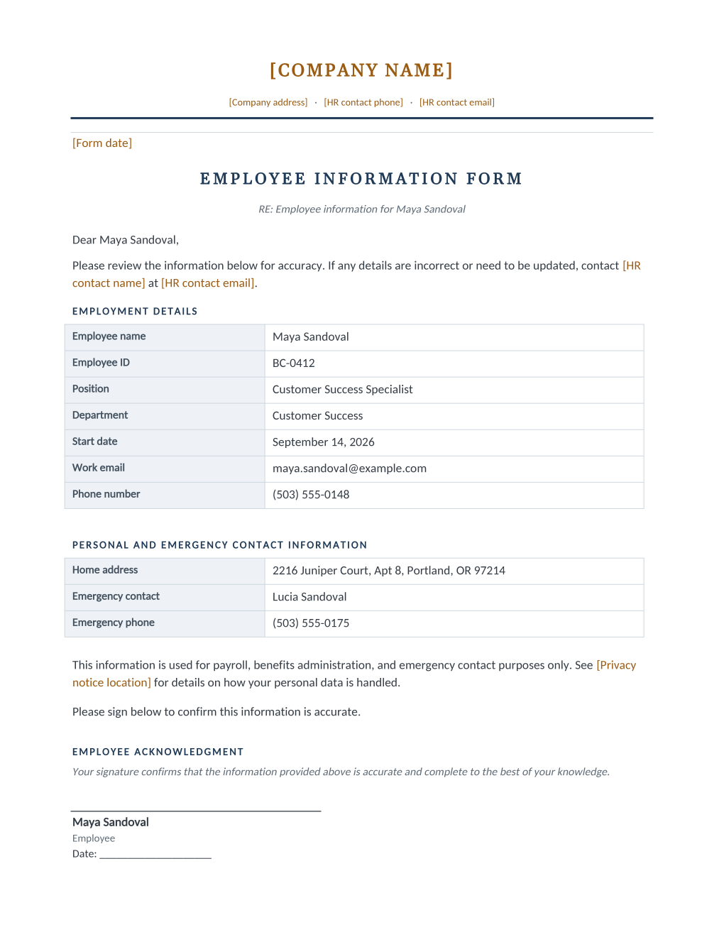 Rendered employee information form: letterhead, form title, and two facts tables for employment details and emergency contact information