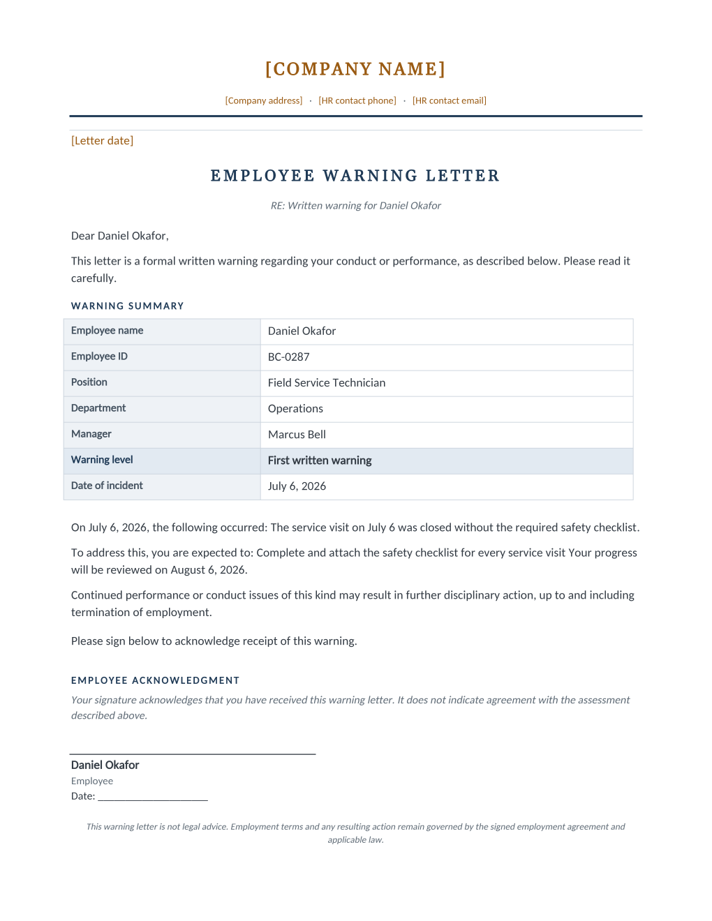 Rendered employee warning letter: letterhead, warning title, and a warning summary table with warning level and incident date