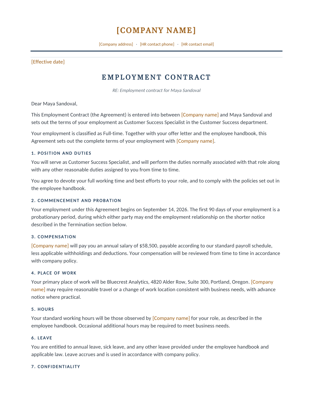 Rendered employment contract: letterhead, contract title, and numbered clauses for position, compensation, and termination