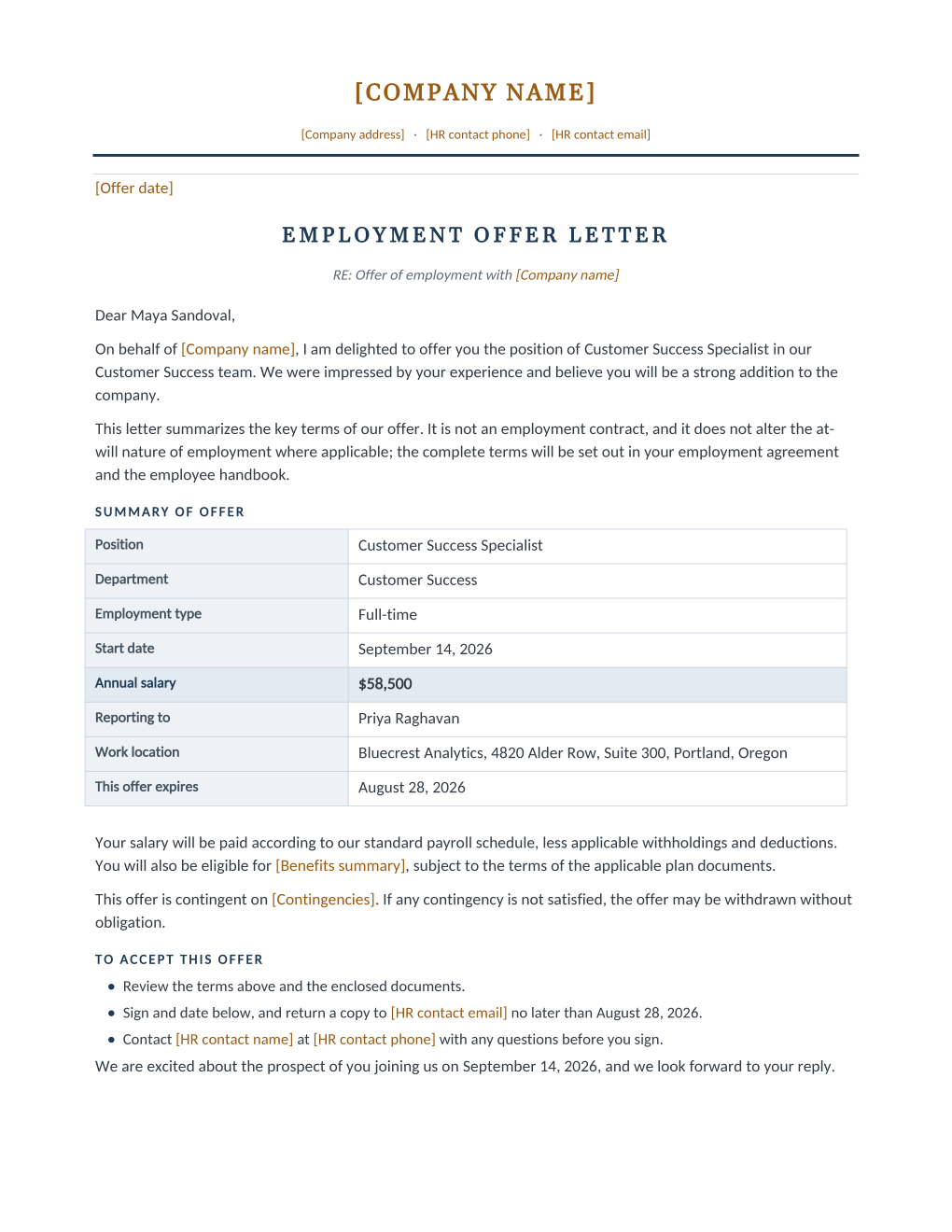 Rendered employment offer letter: letterhead, offer title, and a summary of offer table with position, salary, and start date