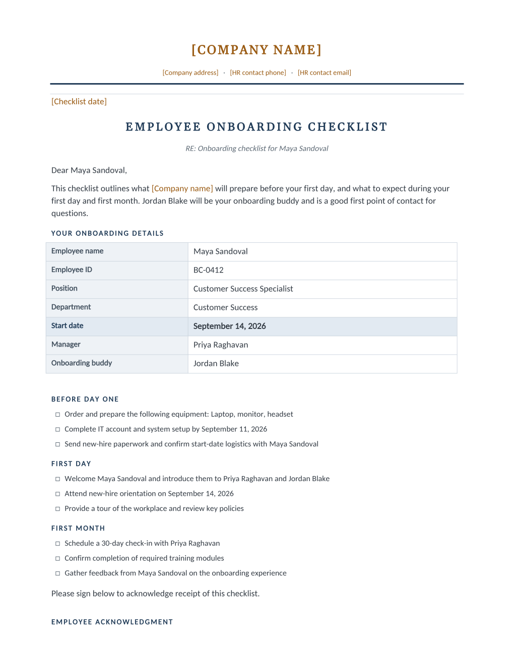 Rendered employee onboarding checklist: letterhead, checklist title, an onboarding details table, and three checkbox task groups