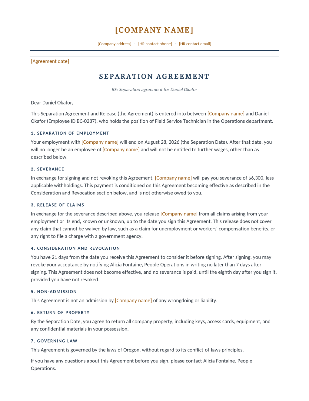 Rendered separation agreement: letterhead, agreement title, and numbered clauses including severance, release of claims, and revocation