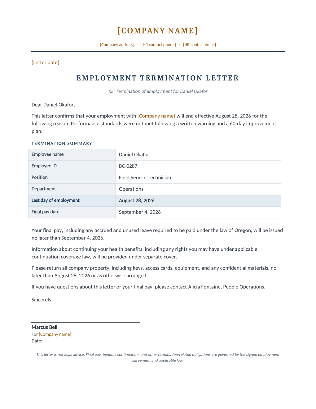 Rendered employment termination letter: letterhead, termination title, and a summary table with last day of employment and final pay date