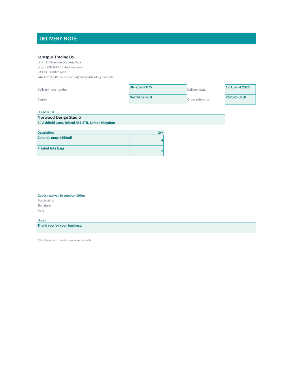 Rendered delivery note: header with delivery note number, carrier, and order reference, a deliver-to block, five line rows of delivered items, and a signature block