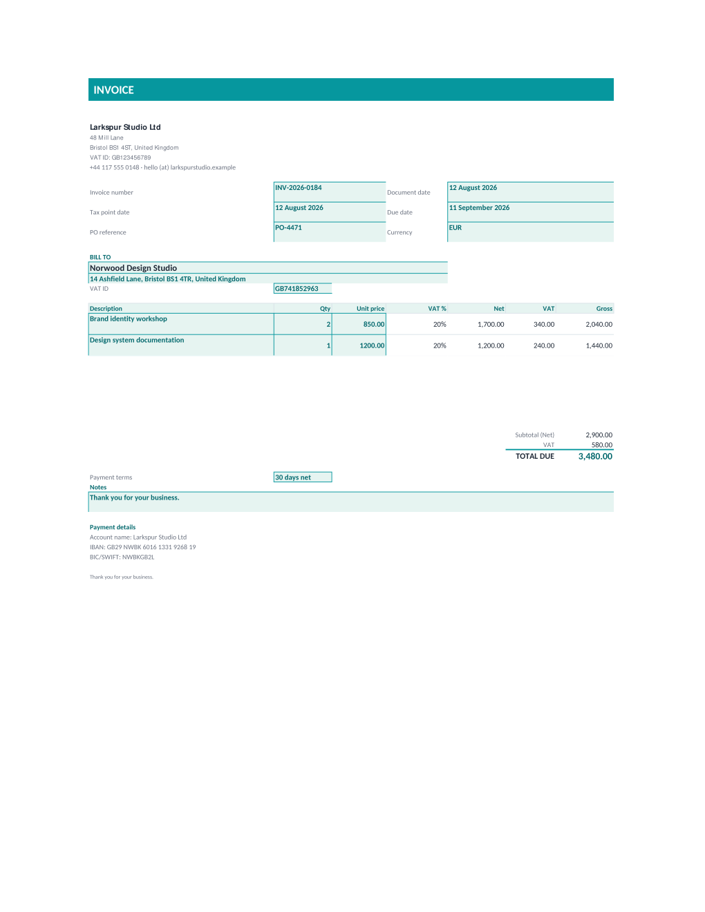 Rendered invoice: header with invoice number and due date, a bill-to block, five line-item rows with automatic VAT and gross calculations, and a total due