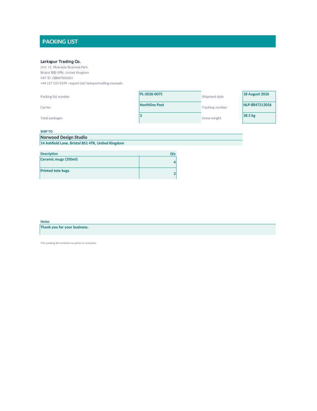 Rendered packing list: header with packing list number, carrier, and tracking number, a ship-to block, and five line rows describing package contents with no prices