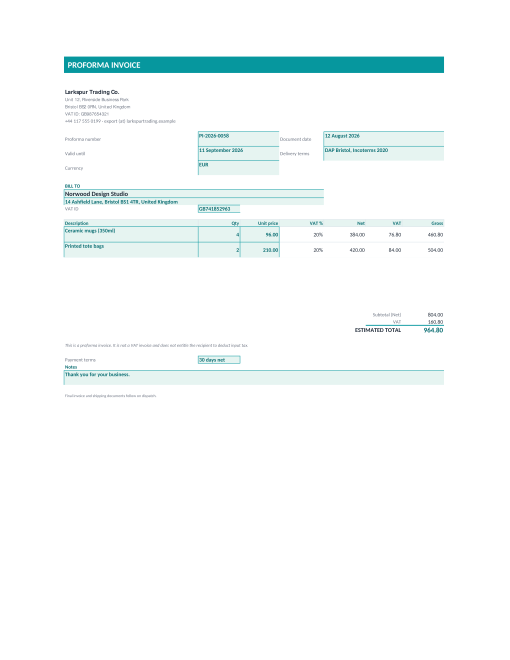 Rendered proforma invoice: header with proforma number and delivery terms, five priced line items with automatic VAT and totals, and a note that it is not a VAT invoice