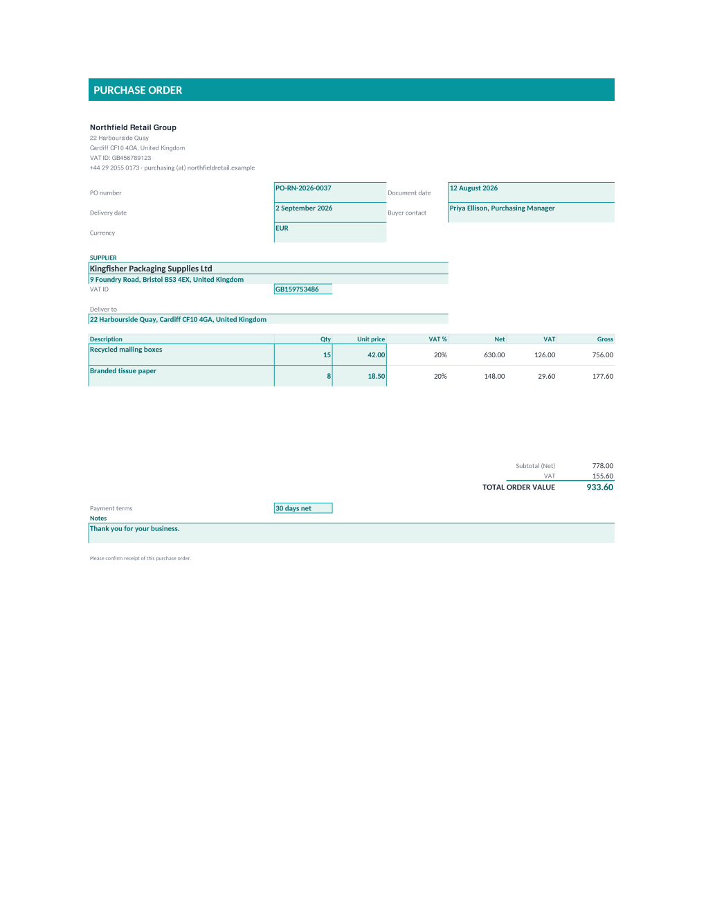 Rendered purchase order: header with PO number and buyer contact, supplier and delivery address blocks, five priced line items, and the total order value