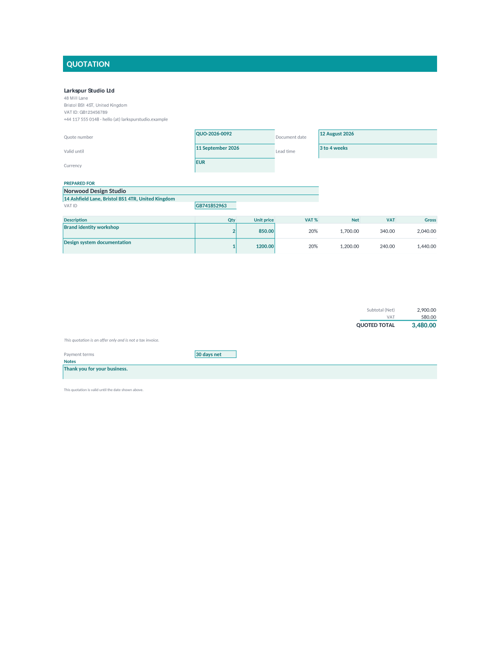 Rendered quotation: header with quote number and validity date, five priced line items with automatic VAT and totals, and a note that it is an offer only