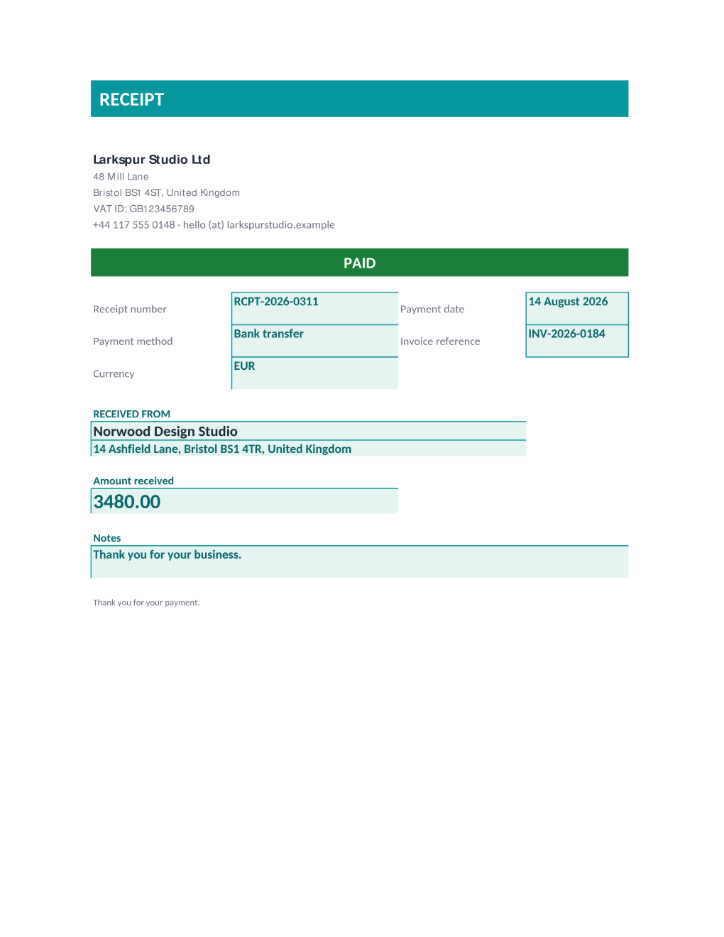 Rendered receipt: a green PAID banner, payment details, the amount received, and the invoice it settles