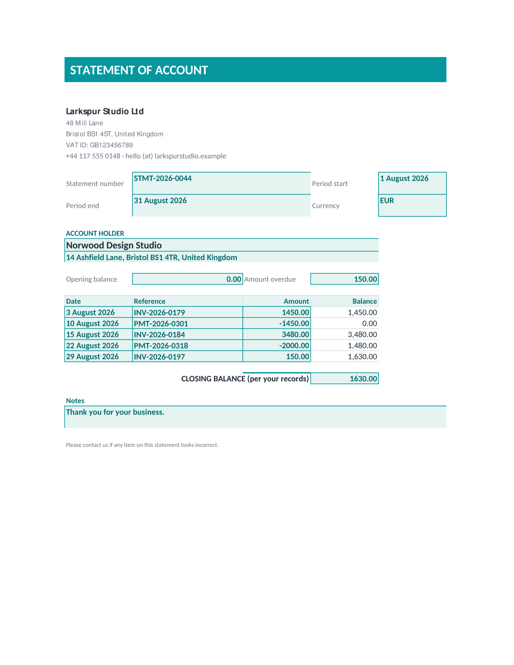 Rendered statement of account: header with statement number and period, an opening balance and amount overdue, five dated transactions with a running balance, and a closing balance