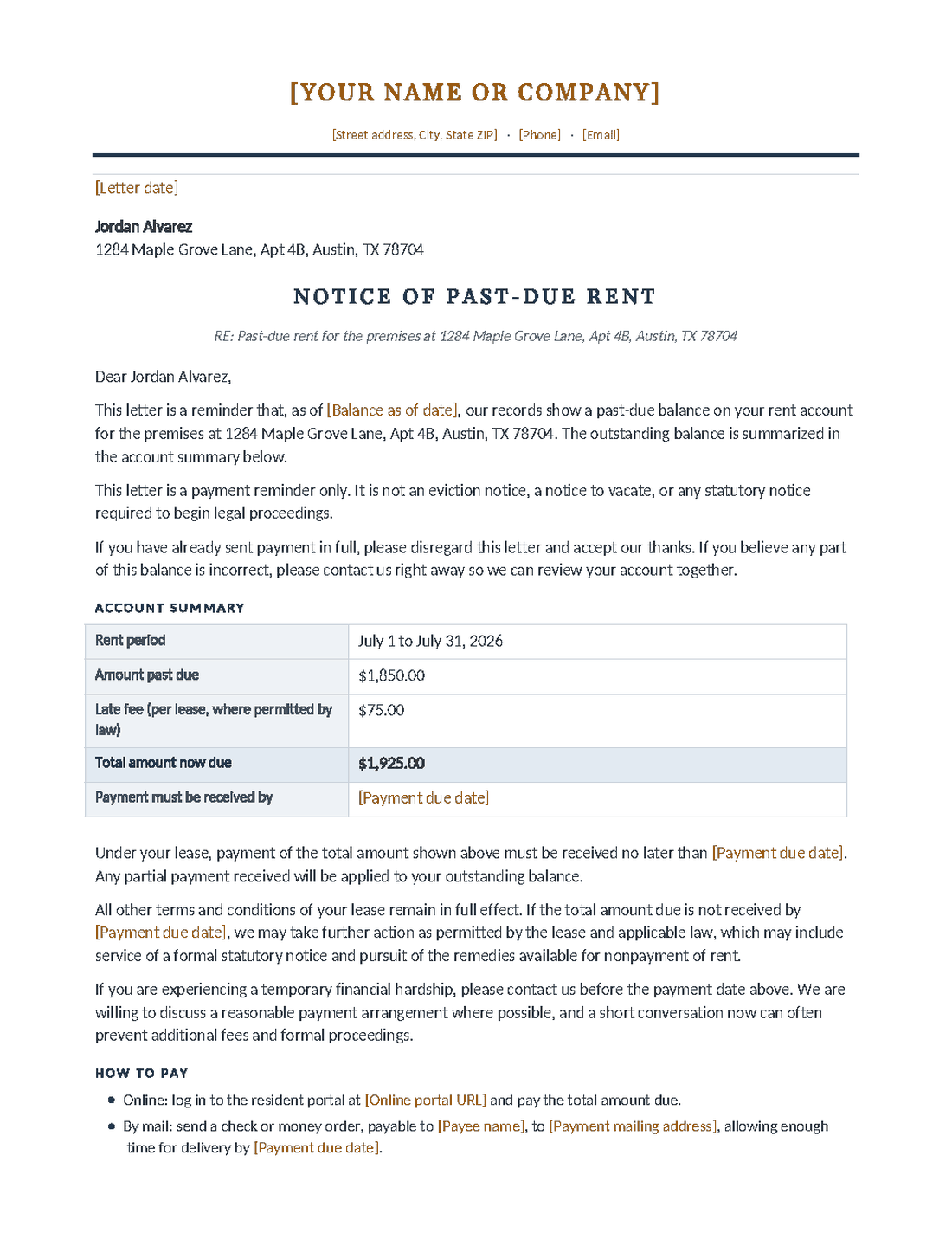 Rendered late rent notice: letterhead, notice title, and an account summary table with the amount past due, late fee, and total now due