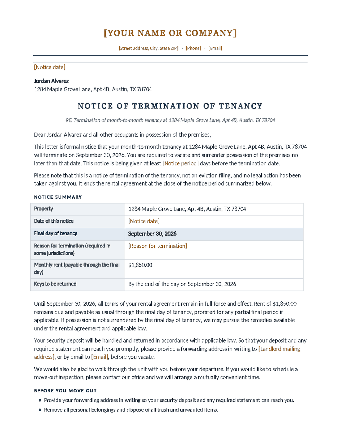 Rendered notice to vacate: letterhead, termination notice title, and a notice summary table with the final day of tenancy and key return date