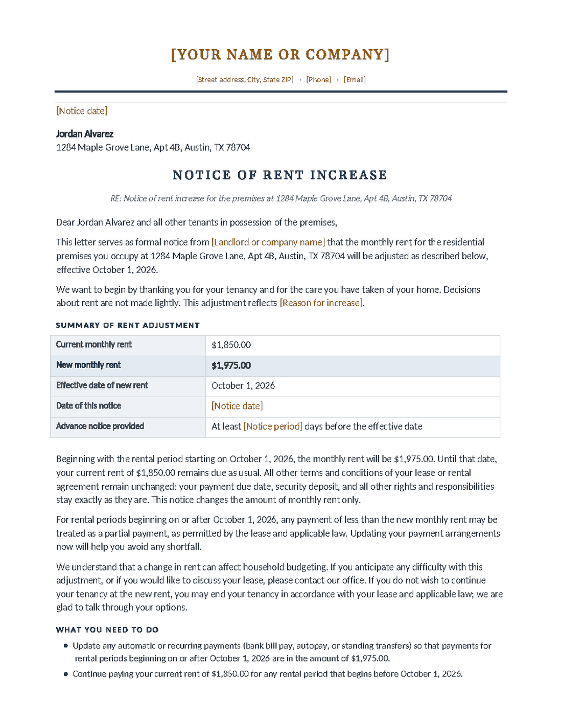 Rendered rent increase letter: letterhead, notice title, and a summary table of the current rent, new rent, and effective date