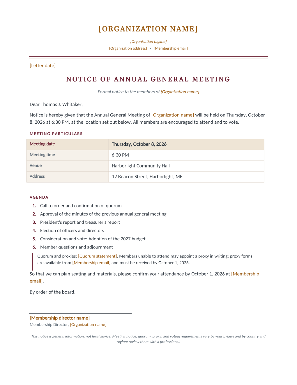 Rendered annual general meeting notice: organization letterhead, a formal notice heading, a meeting particulars table, a six-item agenda with a highlighted vote, and a quorum and proxies note
