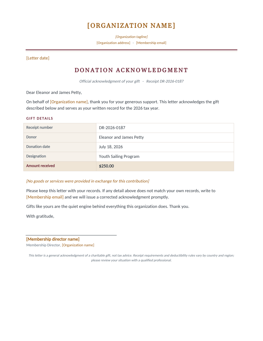 Rendered donation acknowledgment letter: organization letterhead, a donation acknowledgment heading with receipt number, a gift details table with donor, date, designation and amount, an editable goods-and-services line, and a signature block