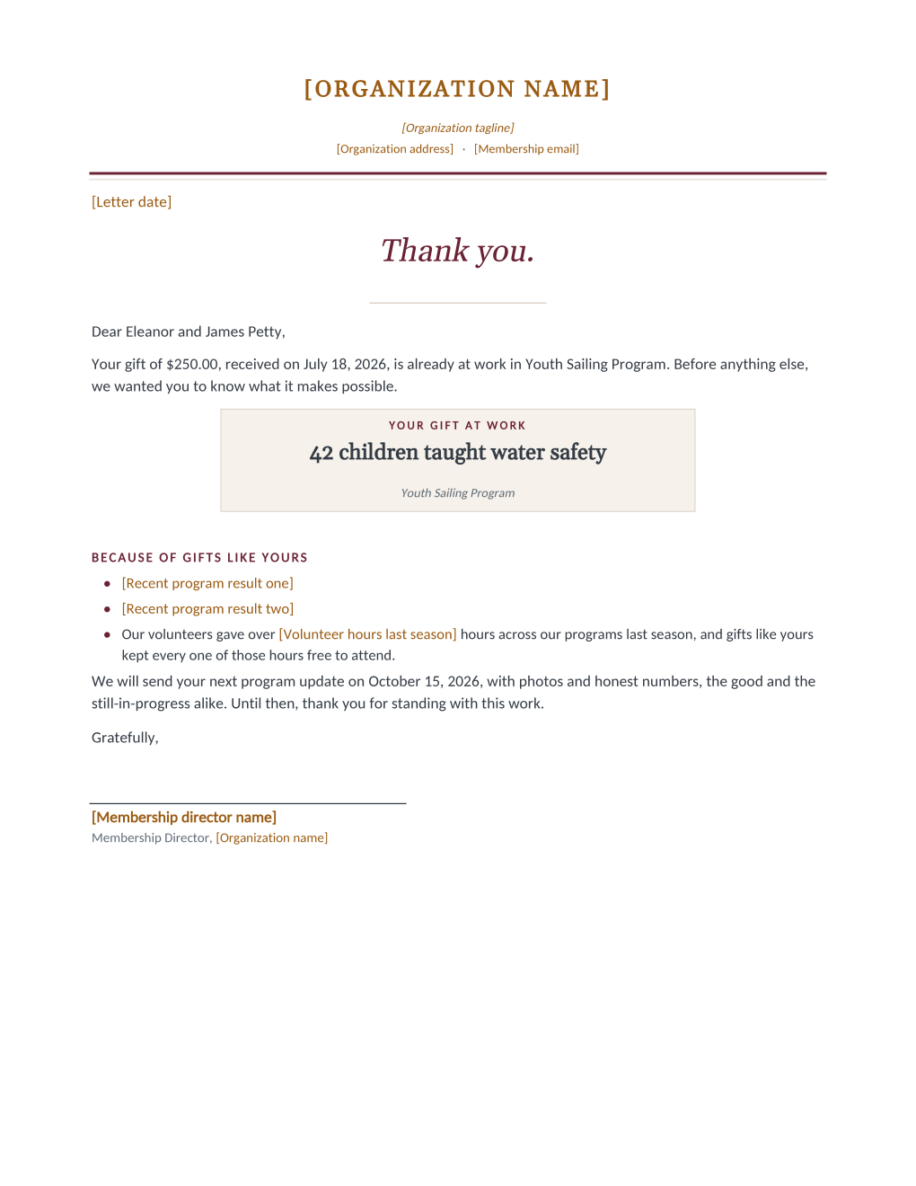Rendered donation thank you letter: organization letterhead, a large serif thank-you headline, a your-gift-at-work impact box, a because-of-gifts-like-yours list, and a promised next update date