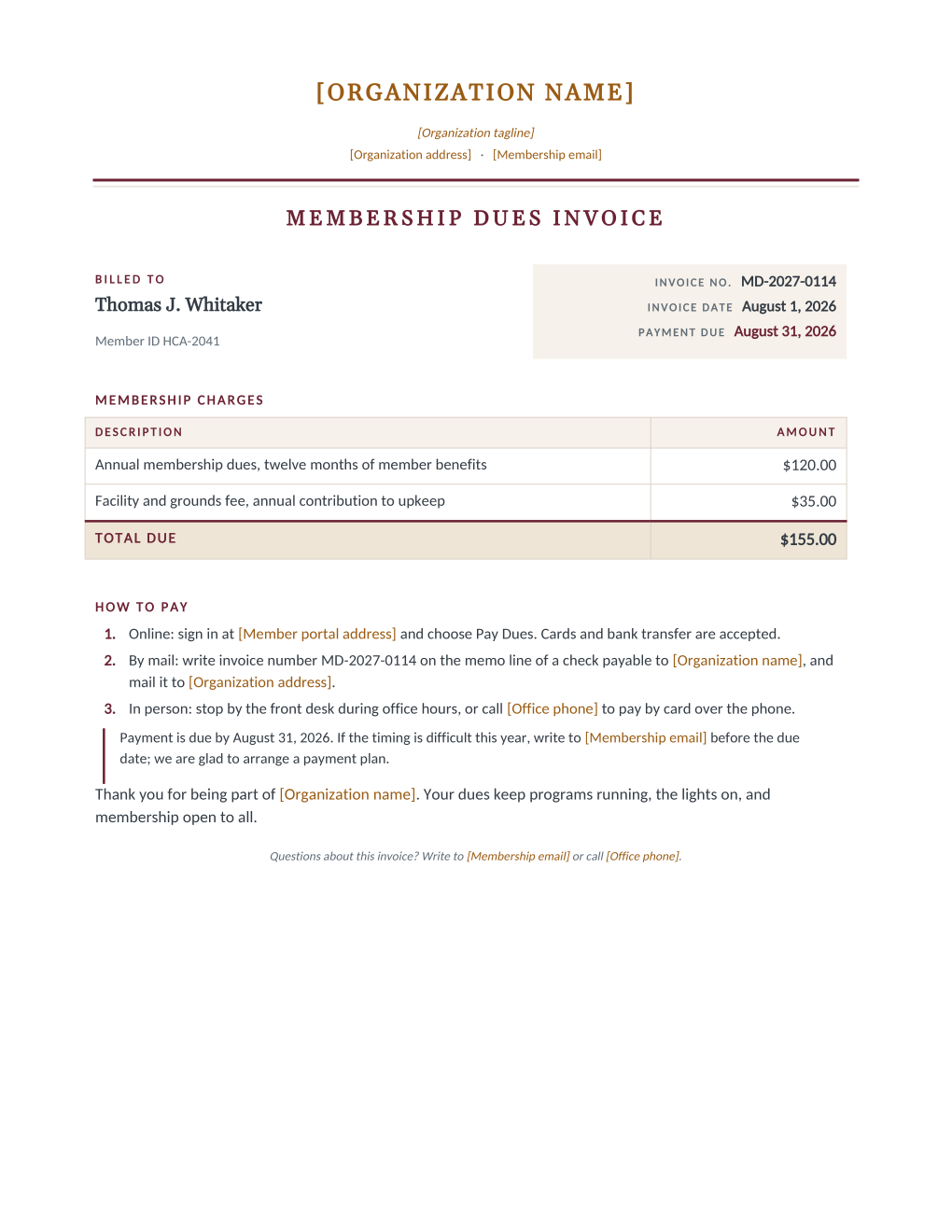 Rendered membership dues invoice: organization letterhead, a billed-to block beside invoice number and dates, a membership charges table with a highlighted total due, and three numbered payment paths