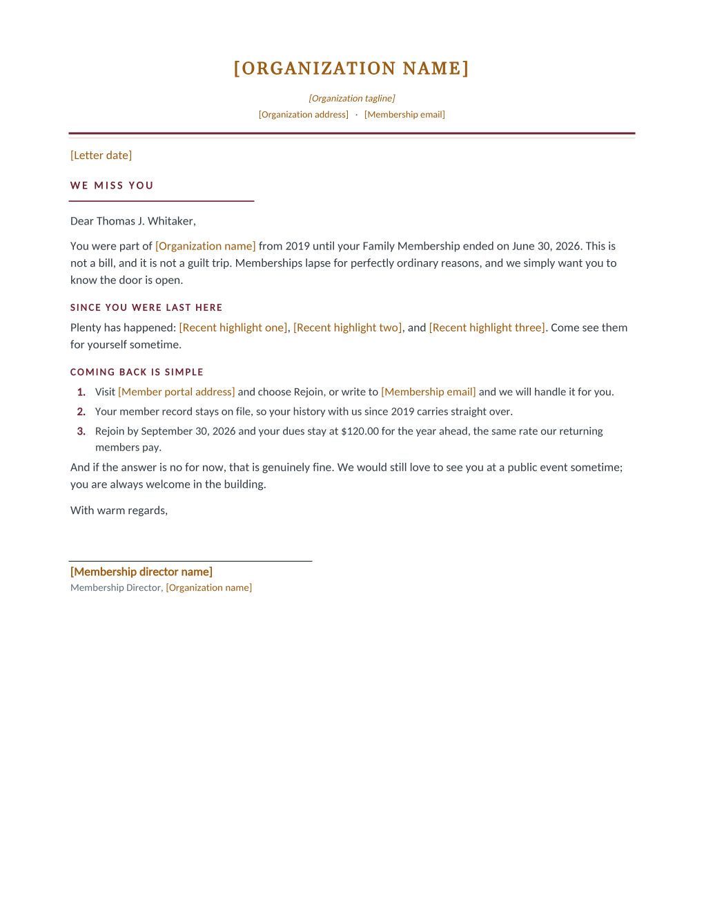 Rendered member win back letter: centered letterhead, a we-miss-you heading, a since-you-were-last-here section with three highlight tokens, and a three-step coming-back-is-simple list