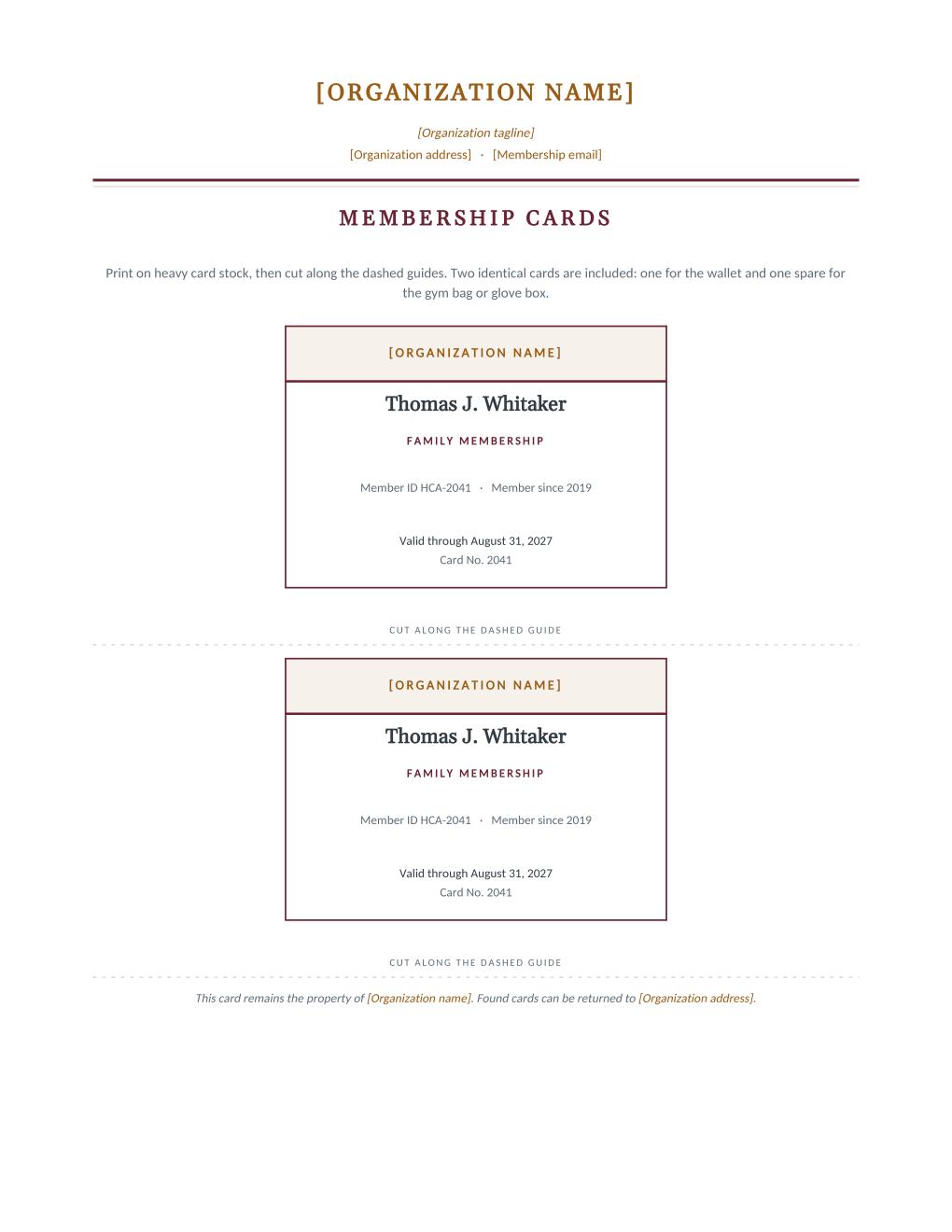 Rendered membership card sheet: two identical bordered cards with an organization band, member name, membership type, ID and joining year, valid-through and card number lines, and dashed cut guides