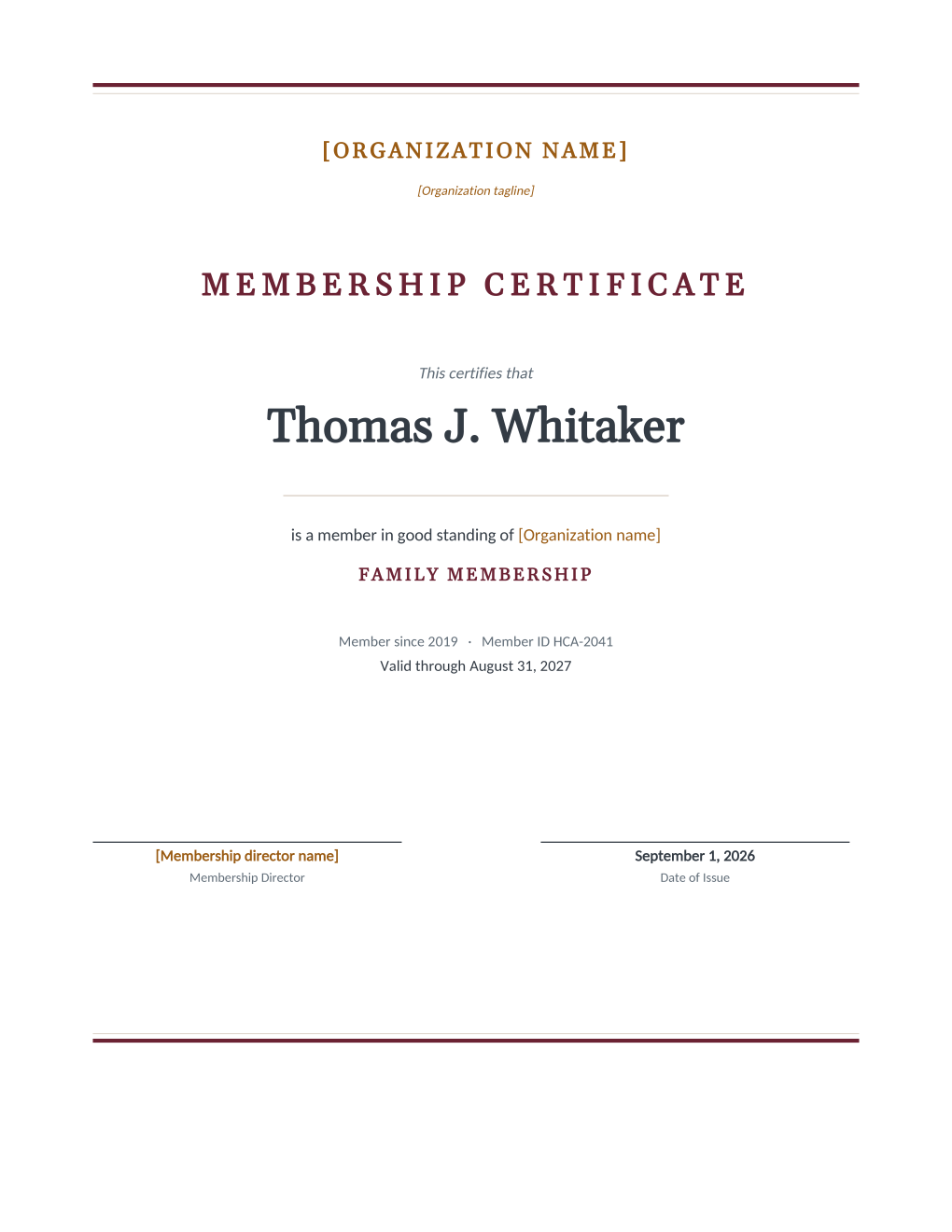 Rendered membership certificate: double rules at head and foot, a membership certificate title, the member name in large serif type, an in-good-standing statement, and signature and date-of-issue lines