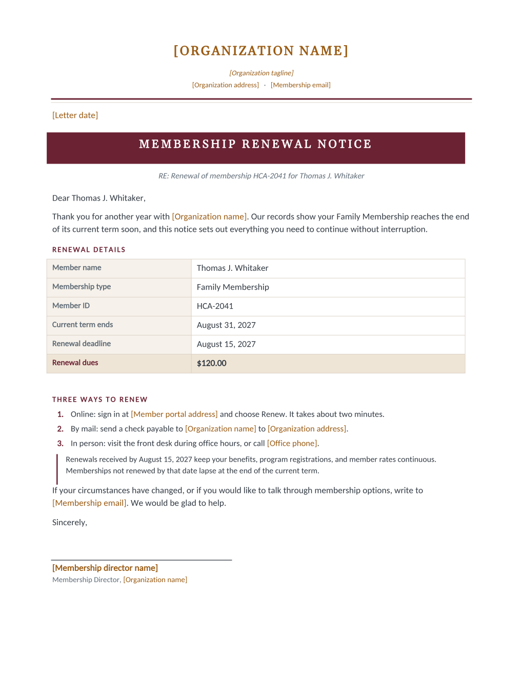 Rendered membership renewal notice: centered letterhead, a maroon renewal notice banner, a renewal details table with term end, deadline and dues, and three numbered ways to renew