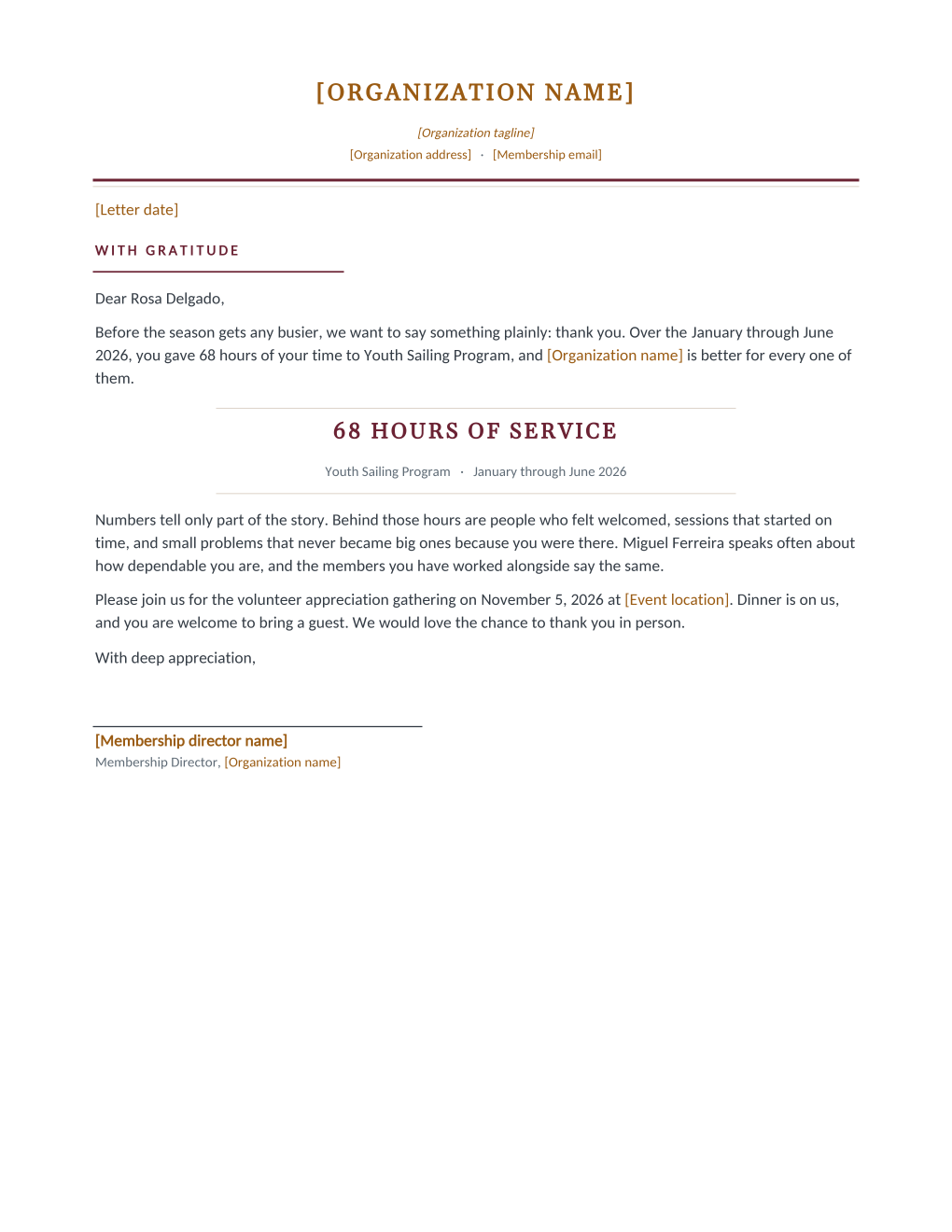 Rendered volunteer appreciation letter: organization letterhead, a with-gratitude heading, a centered 68 hours of service band with program and season, a personal paragraph, and an invitation to the appreciation gathering