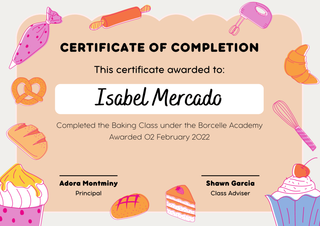 Certificado del curso de pastelería