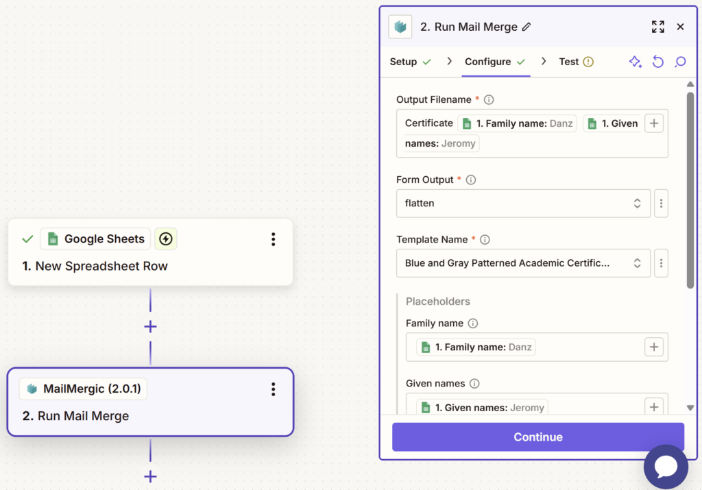 Zapier Step 8 Configure Mailmergic Action