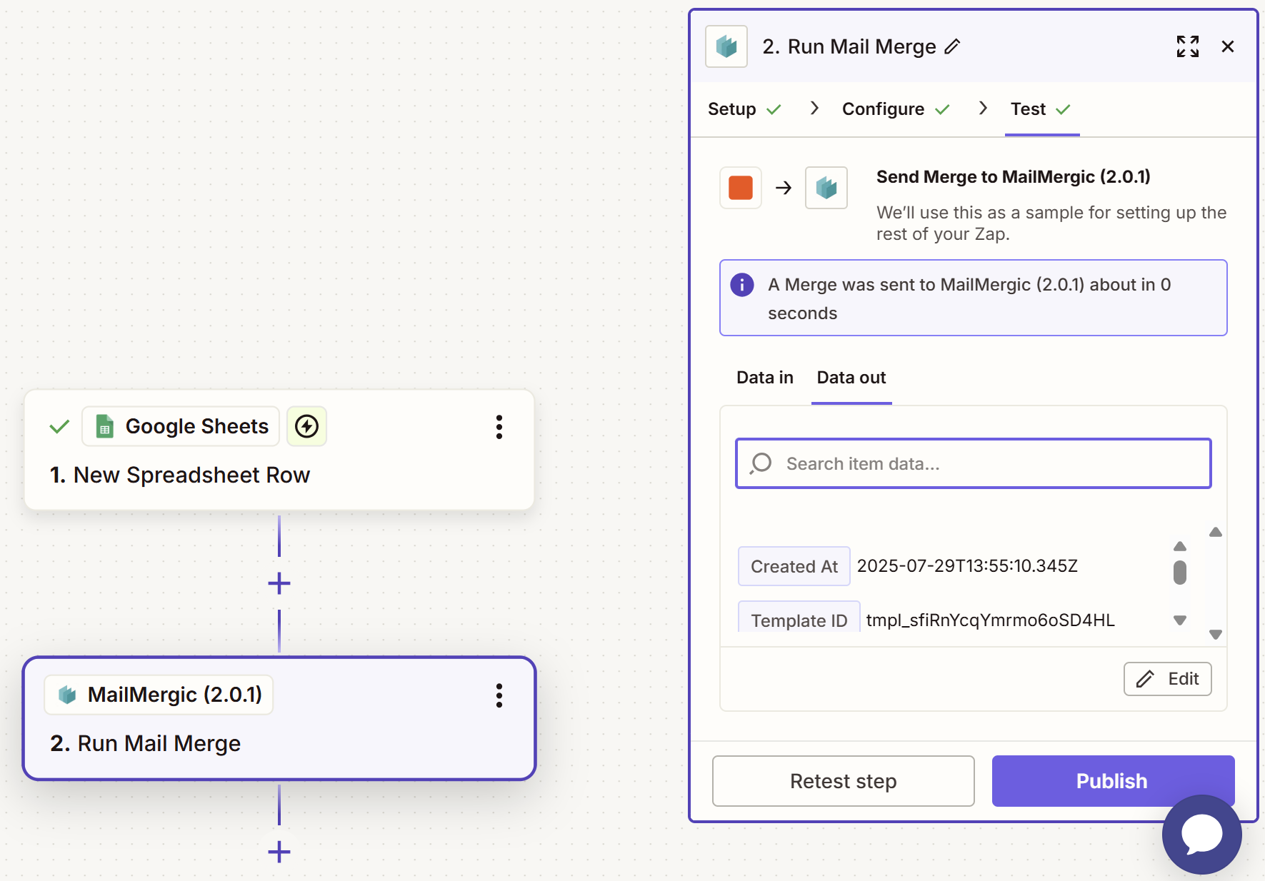 Zapier Step 9 Test Mailmergic Action