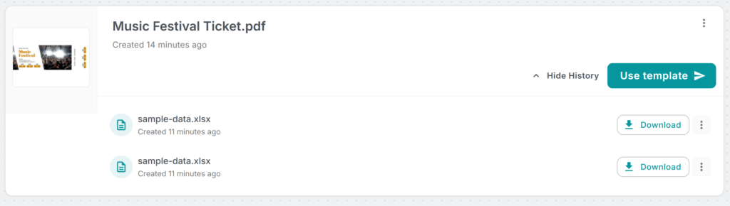 Sección de historial de PDF Mail Merger