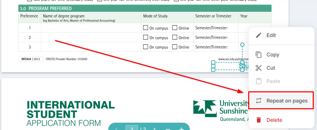 Menú contextual del botón derecho en un marcador de posición que muestra la opción «Repetir en páginas»