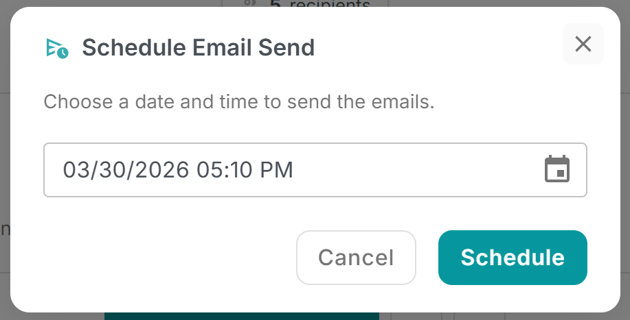 Send Your Emails at the Perfect Time — Schedule Mailings in Advance 1 MailMergic schedule dialog with a date and time picker showing a future send date