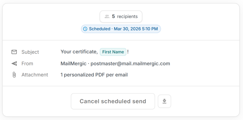Scheduled status chip on a mailing showing the planned send date and a cancel option