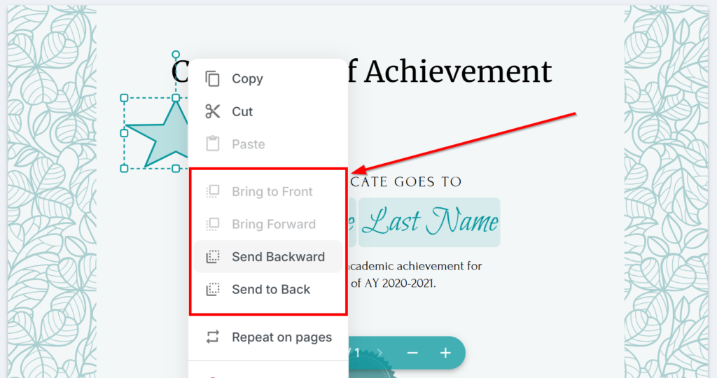 Right-click context menu in the MailMergic editor showing Bring to Front, Bring Forward, Send Backward, and Send to Back options
