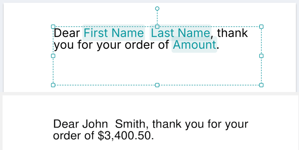 Visualização lado a lado do editor de modelos (com chips de placeholders) e do resultado do PDF mesclado