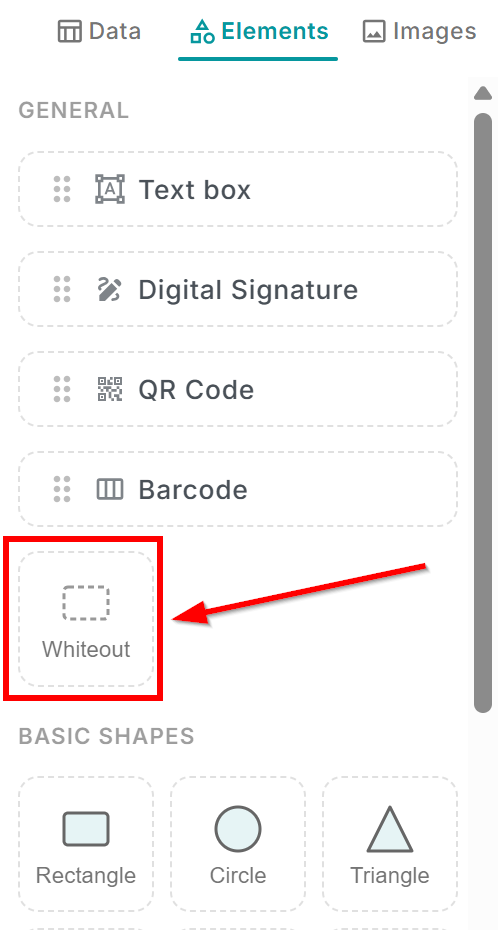 La barra lateral del editor de MailMergic muestra la sección Cubrir y borrar con el elemento Whiteout